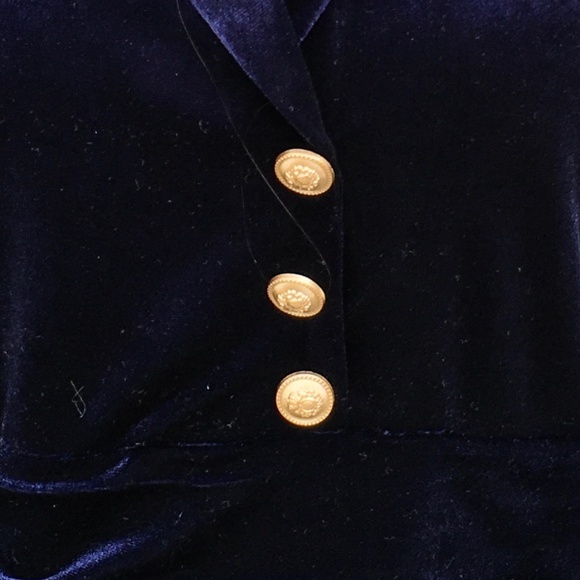 Stunning deep blue velveteen maxi dress with goldtone buttons. - Picture 3 of 5